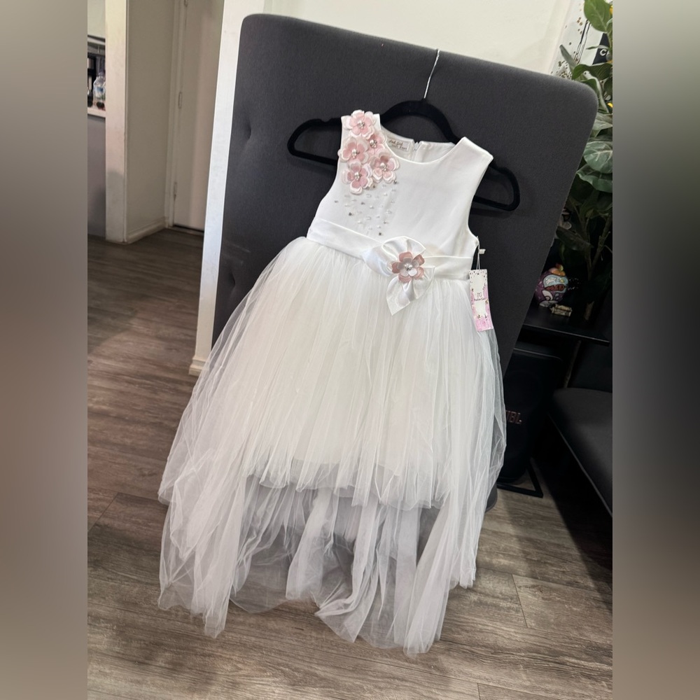 PINK GIRLS White Floral Tulle Dress - Picture 4 of 7